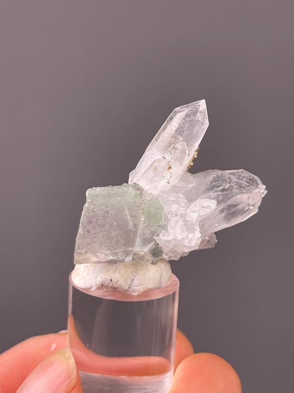 Quartz specimen from Longyan, Fujian, China presenting clear quartz over green-gray fluorite