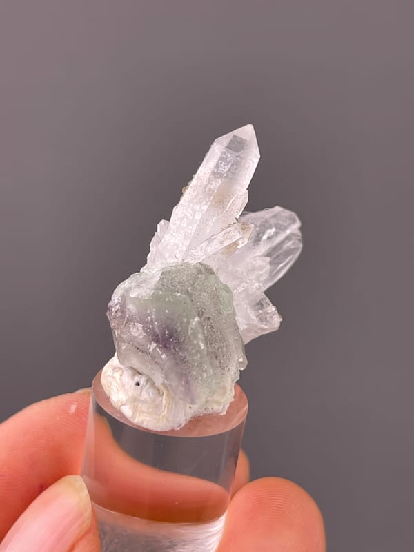 Quartz specimen from Longyan, Fujian, China displaying clear quartz over green-gray fluorite