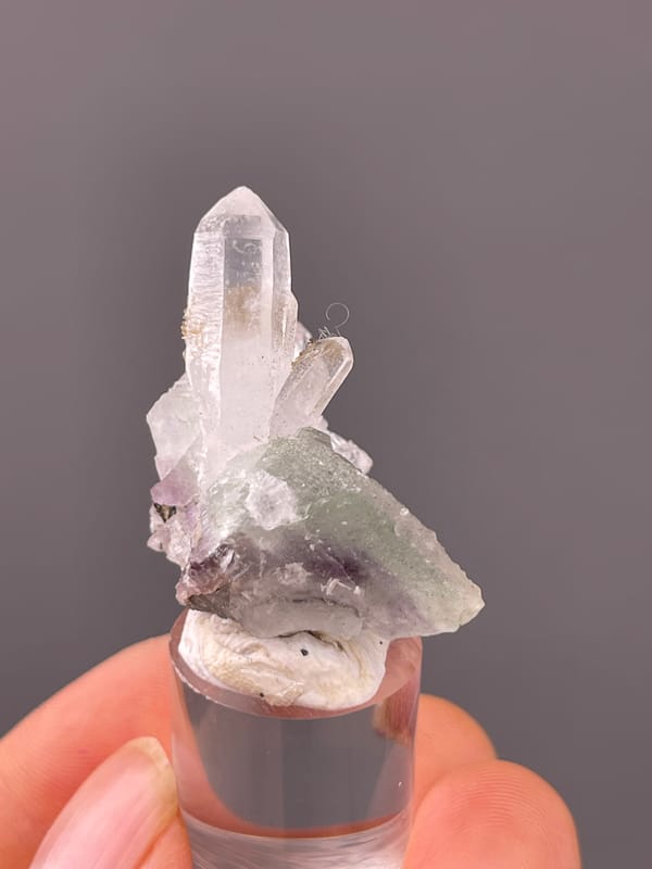 Clear quartz over green-gray fluorite on natural quartz specimen from Longyan, Fujian, China