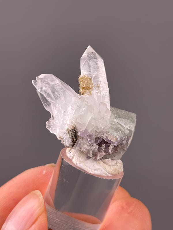 Quartz specimen from Longyan, Fujian, China highlighting clear quartz over green-gray fluorite