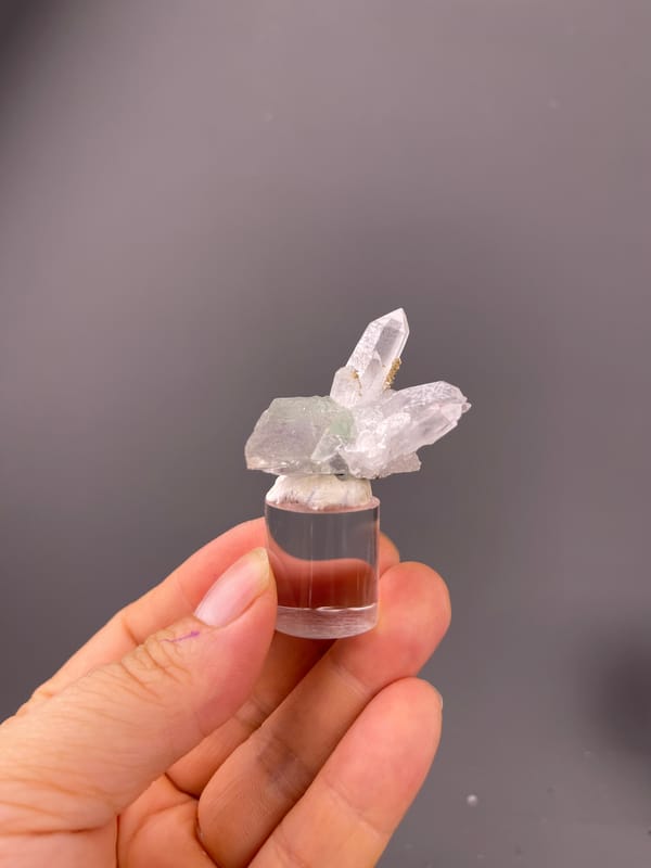 Quartz specimen from Longyan, Fujian, China, characterized by clear quartz over green-gray fluorite
