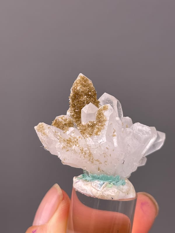 Quartz specimen from Longyan, Fujian, China showcasing clear quartz fan with brown coating