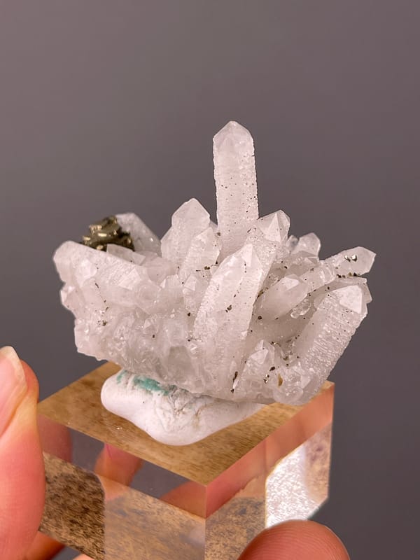 White quartz cluster with brassy crystals on natural quartz specimen from Longyan, Fujian, China