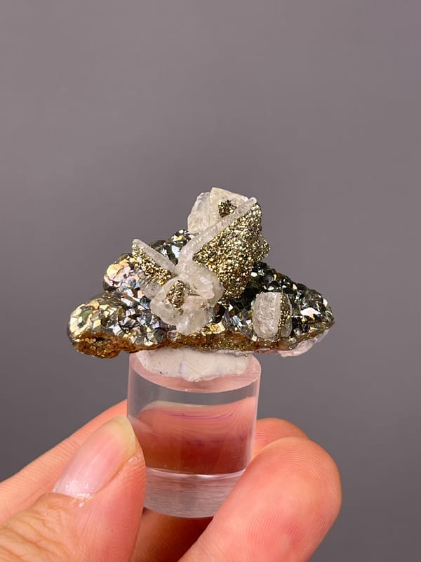 Clear quartz points with brassy pyrite on natural Quartz with Pyrite specimen one-of-a-kind natural piece