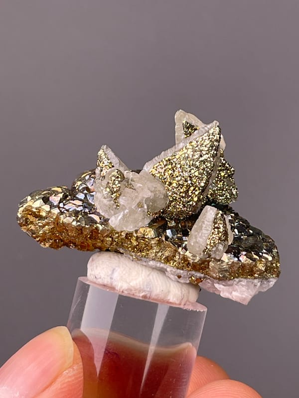 Quartz with Pyrite specimen bearing clear quartz points with brassy pyrite