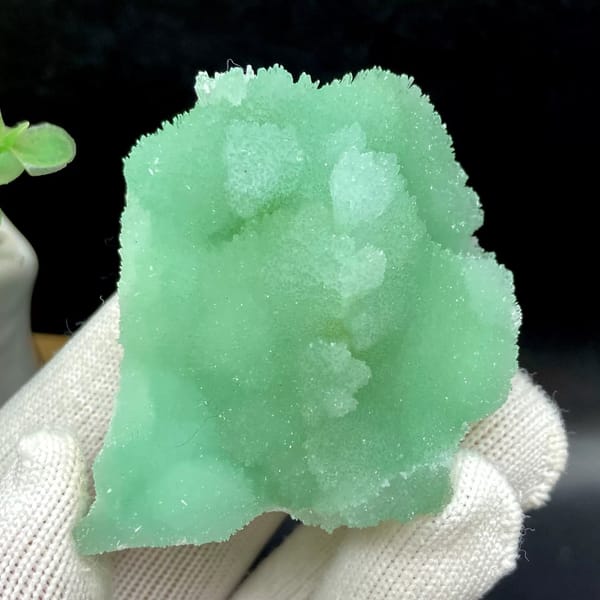 Mint-green radiating aragonite with sugary skin from Sichuan, China, view 2 of 9