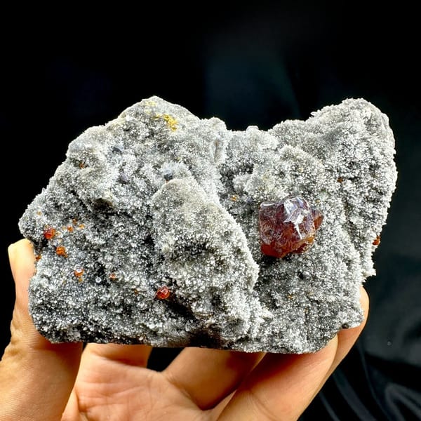 Single red gem sphalerite crystal on grey quartz druse from Hunan, China, view 2 of 11