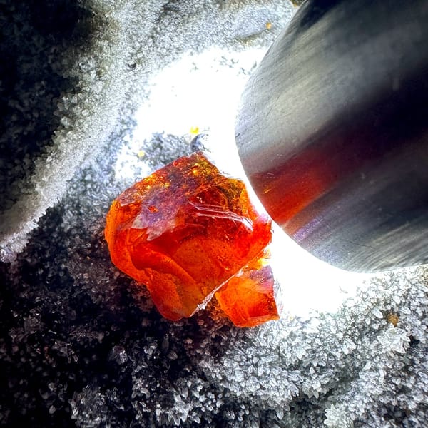Single red gem sphalerite crystal on grey quartz druse from Hunan, China, view 4 of 11
