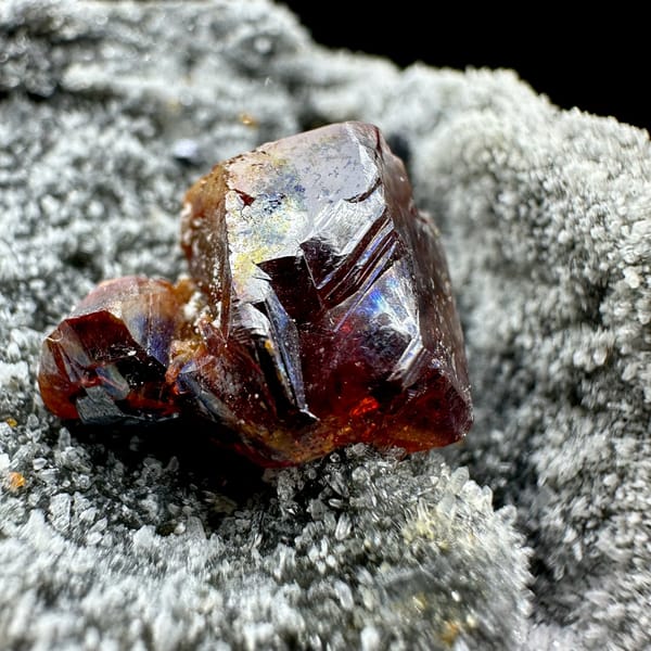 Single red gem sphalerite crystal on grey quartz druse from Hunan, China, view 7 of 11