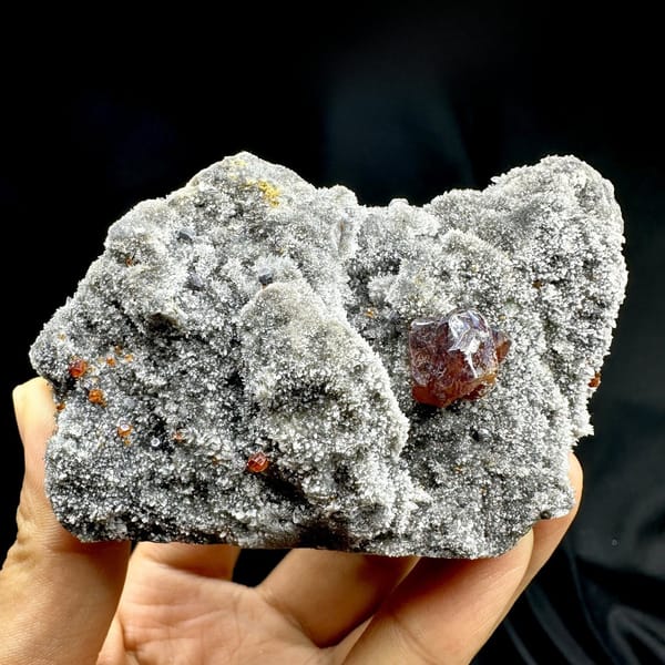 Single red gem sphalerite crystal on grey quartz druse from Hunan, China, view 11 of 11