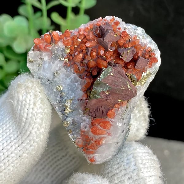 Red-skinned quartz with large chalcopyrite crystal from Jiangxi, China, view 2 of 9