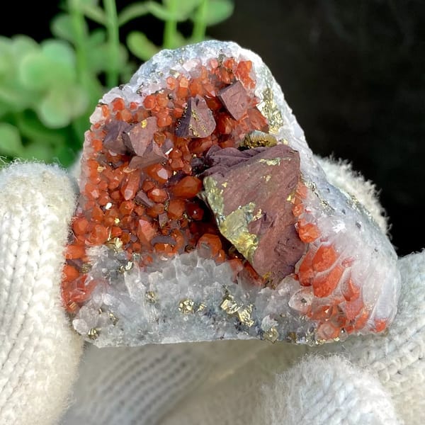 Red-skinned quartz with large chalcopyrite crystal from Jiangxi, China, view 3 of 9