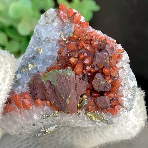 Red-skinned quartz with large chalcopyrite crystal from Jiangxi, China, view 4 of 9