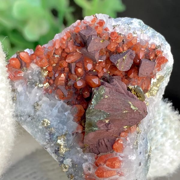 Red-skinned quartz with large chalcopyrite crystal from Jiangxi, China, view 5 of 9