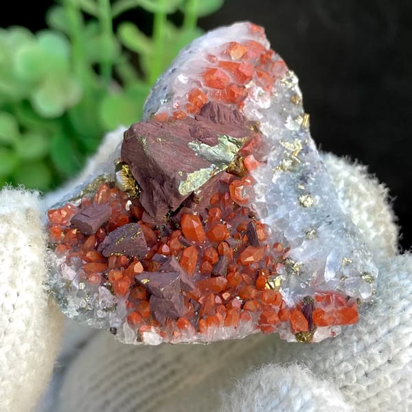 Red-skinned quartz with large chalcopyrite crystal from Jiangxi, China, view 6 of 9