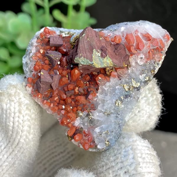 Red-skinned quartz with large chalcopyrite crystal from Jiangxi, China, view 8 of 9