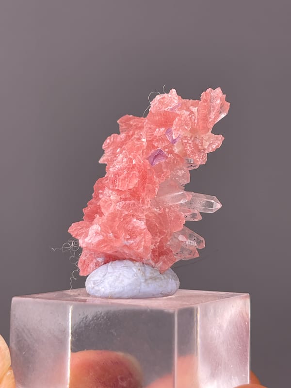 Rhodochrosite specimen from Guangxi, China presenting pink carbonate cluster with clear quartz