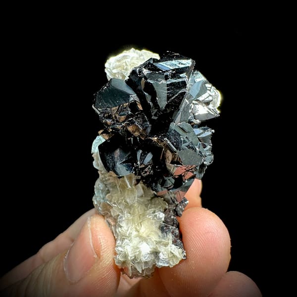 Row of mirror-black cassiterite crystals on muscovite from Xuebaoding, Sichuan, China, top view