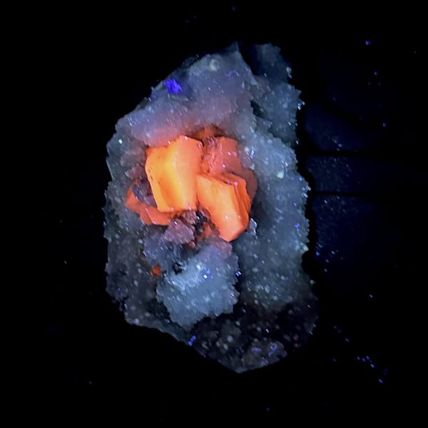 Hexagonal sandwich calcite plates on yellow-stained quartz from Fujian, China, view 11 of 11