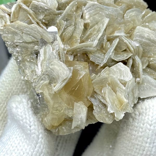 Honey scheelite crystal on silvery mica blades from Sichuan, China, view 7 of 9