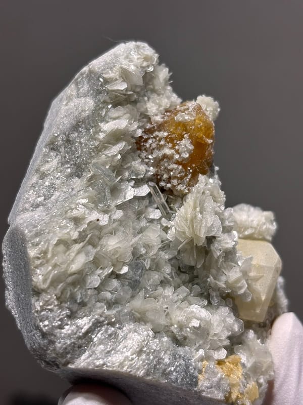 Scheelite plate with quartz, aquamarine and mica from Xuebaoding, Sichuan, China, view 4 of 7