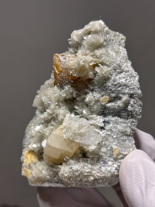 Scheelite plate with quartz, aquamarine and mica from Xuebaoding, Sichuan, China, view 6 of 7