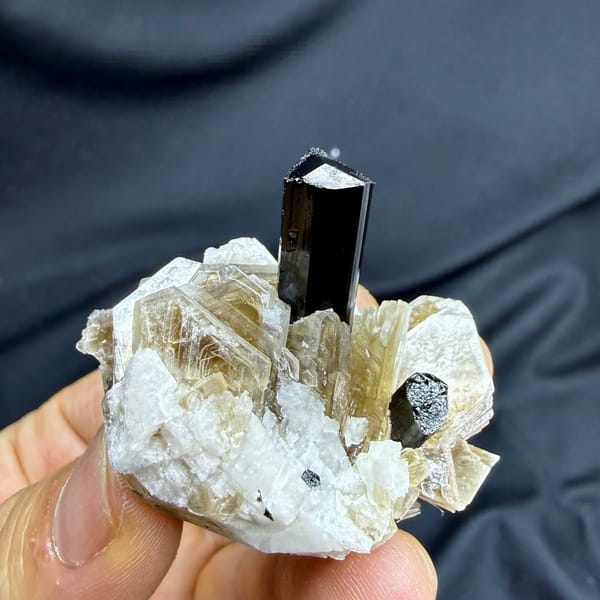 Black schorl tourmaline prism in feldspar and mica from Pakistan
