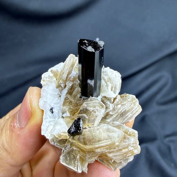 Black schorl tourmaline prism in feldspar and mica from Pakistan, view 2 of 6