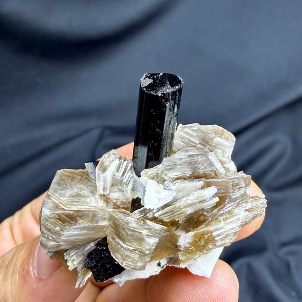 Black schorl tourmaline prism in feldspar and mica from Pakistan, view 5 of 6
