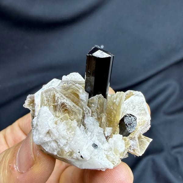 Black schorl tourmaline prism in feldspar and mica from Pakistan, view 6 of 6