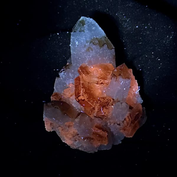 Orange-skinned calcite crystals with clear quartz points from Fujian, China, view 6 of 13