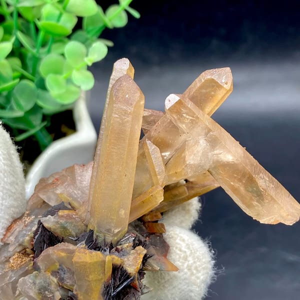 Tan quartz prisms standing on black specular hematite from Guangdong, China, view 9 of 9