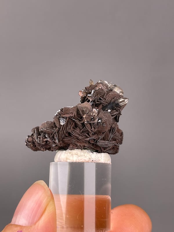 Specular Hematite specimen from Jinlong, Guangdong, China showing dark radial hematite rosettes