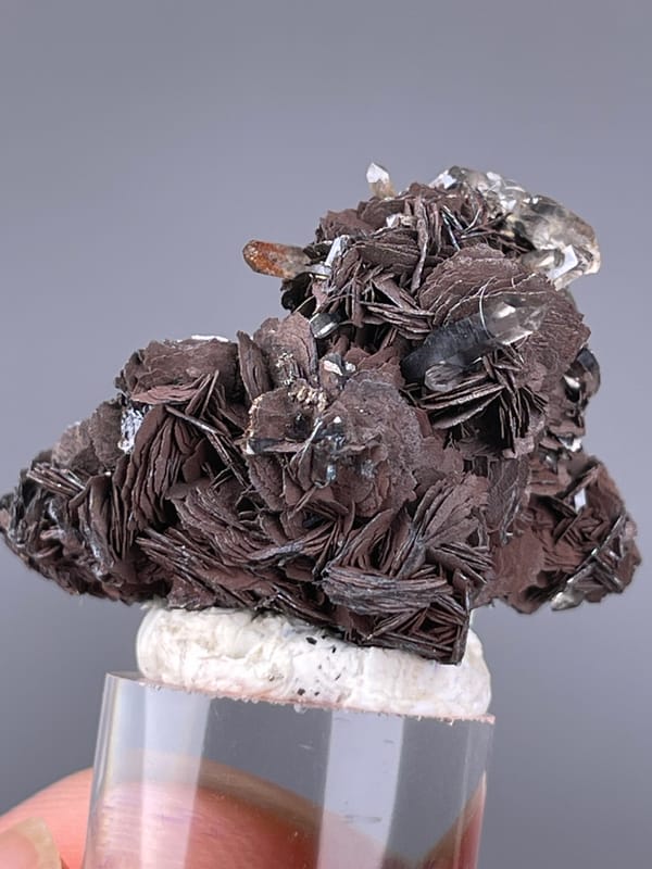 Specular Hematite specimen from Jinlong, Guangdong, China, characterized by dark radial hematite rosettes