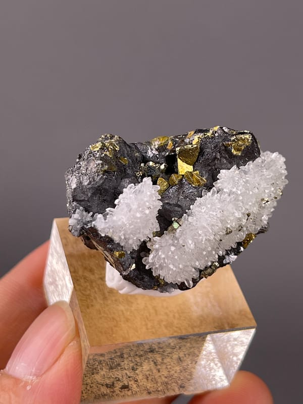 White quartz on dark sulfide matrix visible on sphalerite specimen from Jiangxi, China