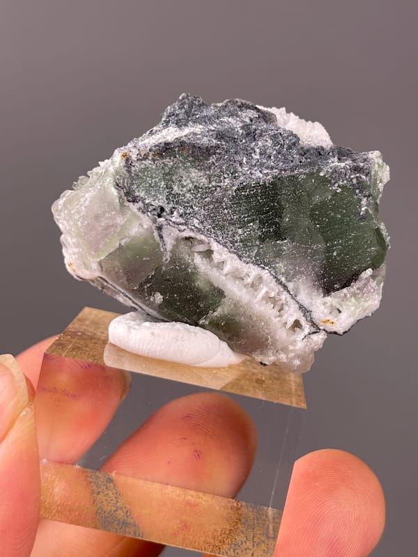 Translucent green fluorite with white druse visible on stepped fluorite specimen from Fujian, China