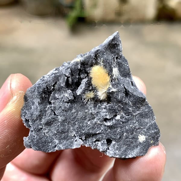 Fuzzy yellow stibiconite ball on black matrix from Hunan, China, view 6 of 6