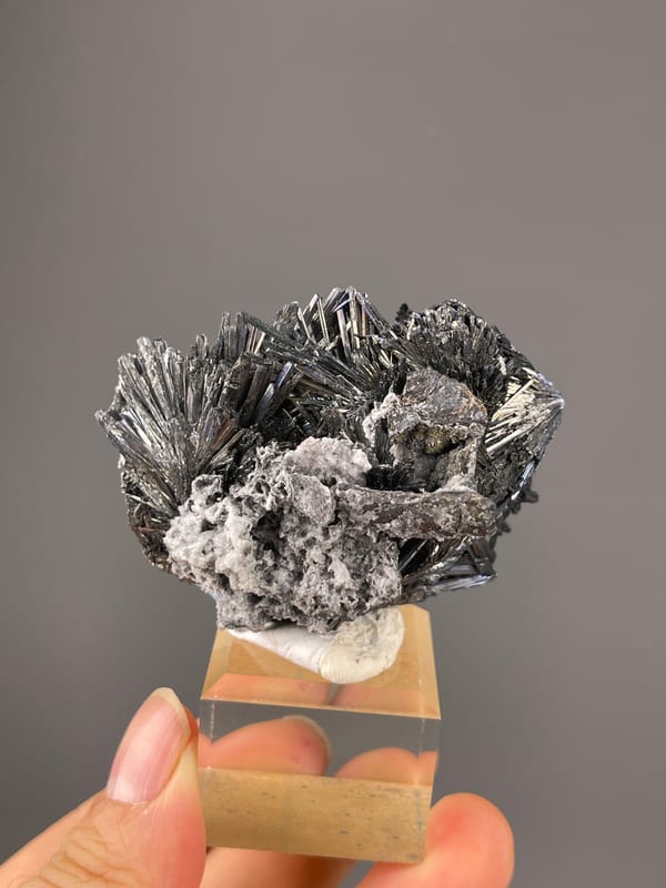 Stibnite specimen from Bulgaria featuring steel-gray radiating metallic needles
