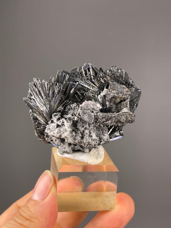 Stibnite specimen from Bulgaria, defined by steel-gray radiating metallic needles