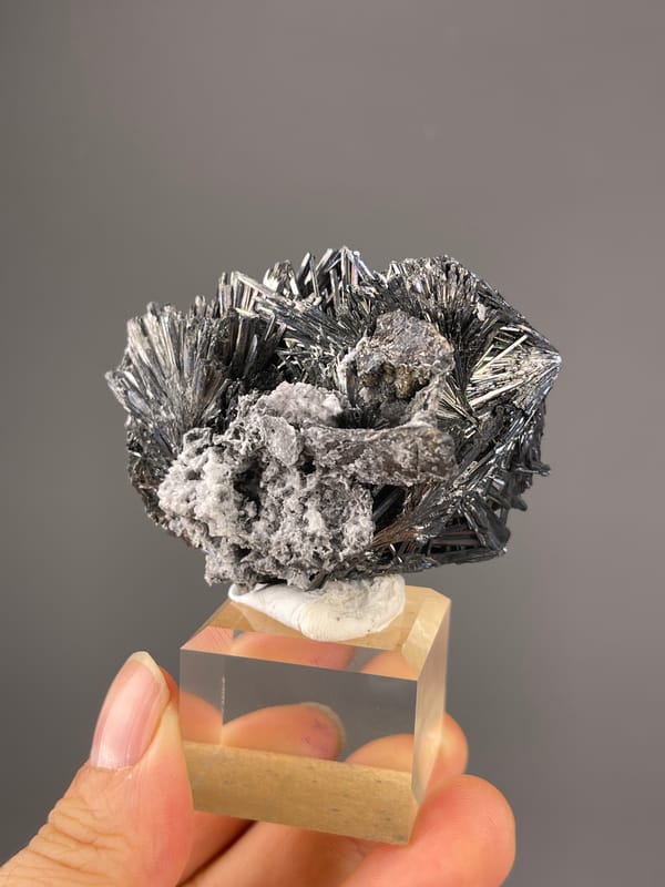 Stibnite specimen from Bulgaria presenting steel-gray radiating metallic needles
