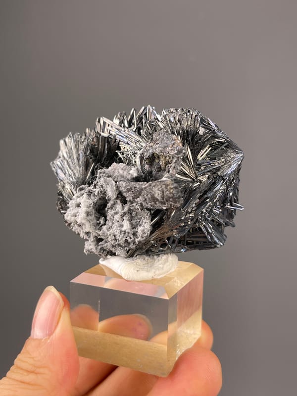 Steel-gray radiating metallic needles visible on stibnite specimen from Bulgaria