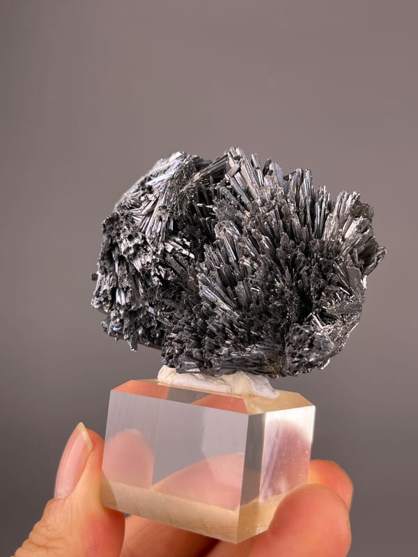 Stibnite specimen from Bulgaria highlighting steel-gray radiating metallic needles