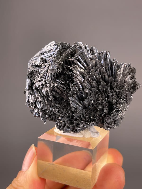Stibnite specimen from Bulgaria, characterized by steel-gray radiating metallic needles