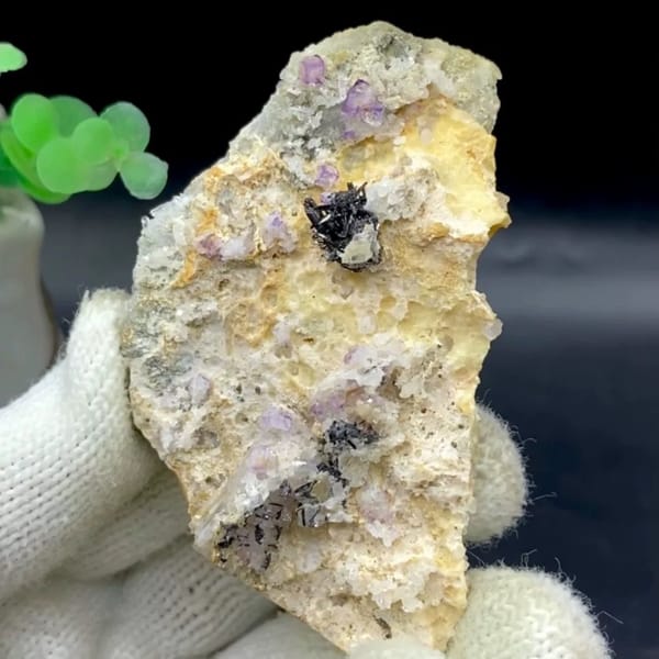 Grey stibnite blades with purple fluorite on pale matrix from Shangbao, Hunan, China