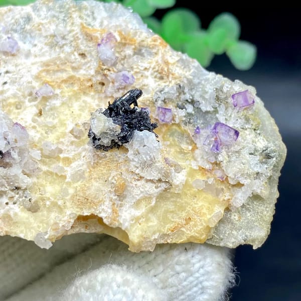 Grey stibnite blades with purple fluorite on pale matrix from Shangbao, Hunan, China, view 3 of 9