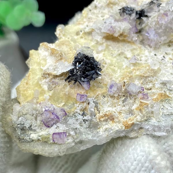 Grey stibnite blades with purple fluorite on pale matrix from Shangbao, Hunan, China, view 5 of 9
