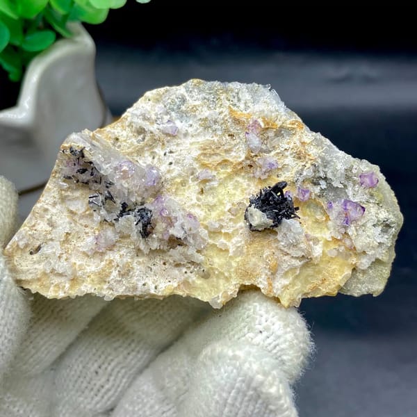 Grey stibnite blades with purple fluorite on pale matrix from Shangbao, Hunan, China, view 8 of 9