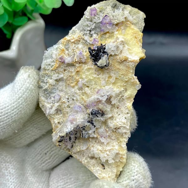 Grey stibnite blades with purple fluorite on pale matrix from Shangbao, Hunan, China, view 9 of 9