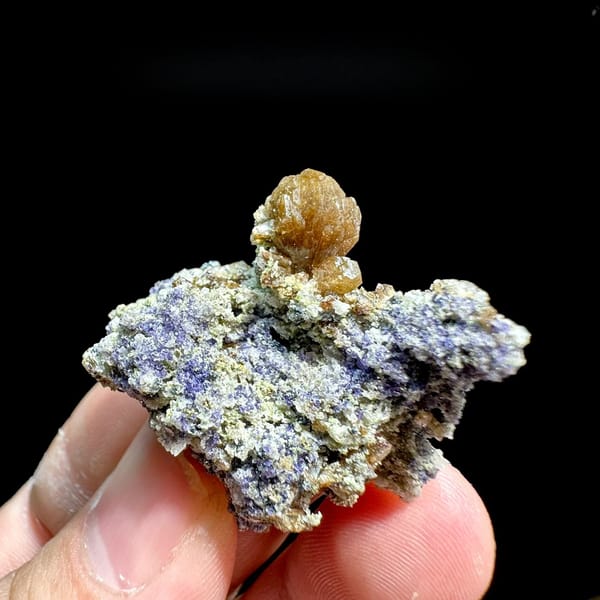 Golden stilbite sheaf on purple fluorite with specularite from Yunxiao, Fujian, China