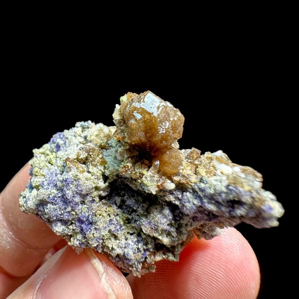 Golden stilbite sheaf on purple fluorite with specularite from Yunxiao, Fujian, China, view 2 of 6